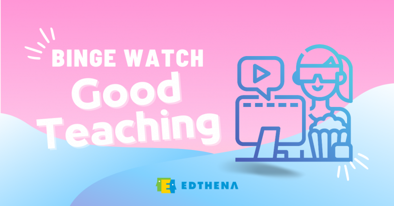 cartoon person watching teaching video on computer with text "binge watch good teaching"