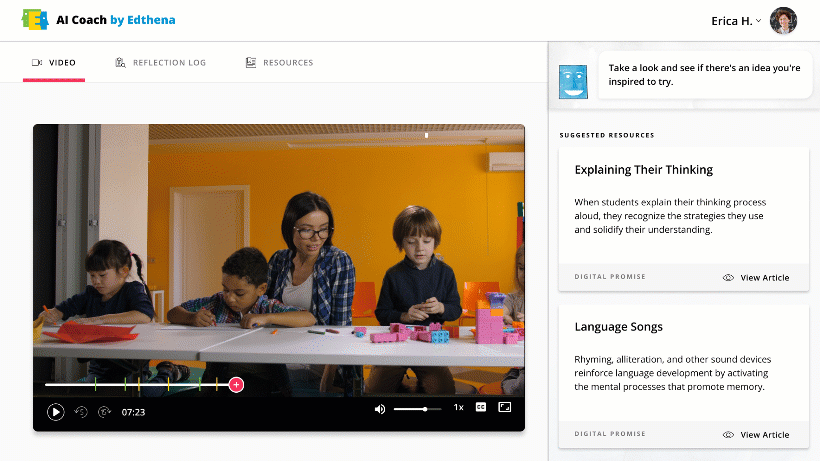 a screenshot of a video within the AI Coach by Edthena platform with a zoom into the Science of Reading resources from Digital Promise