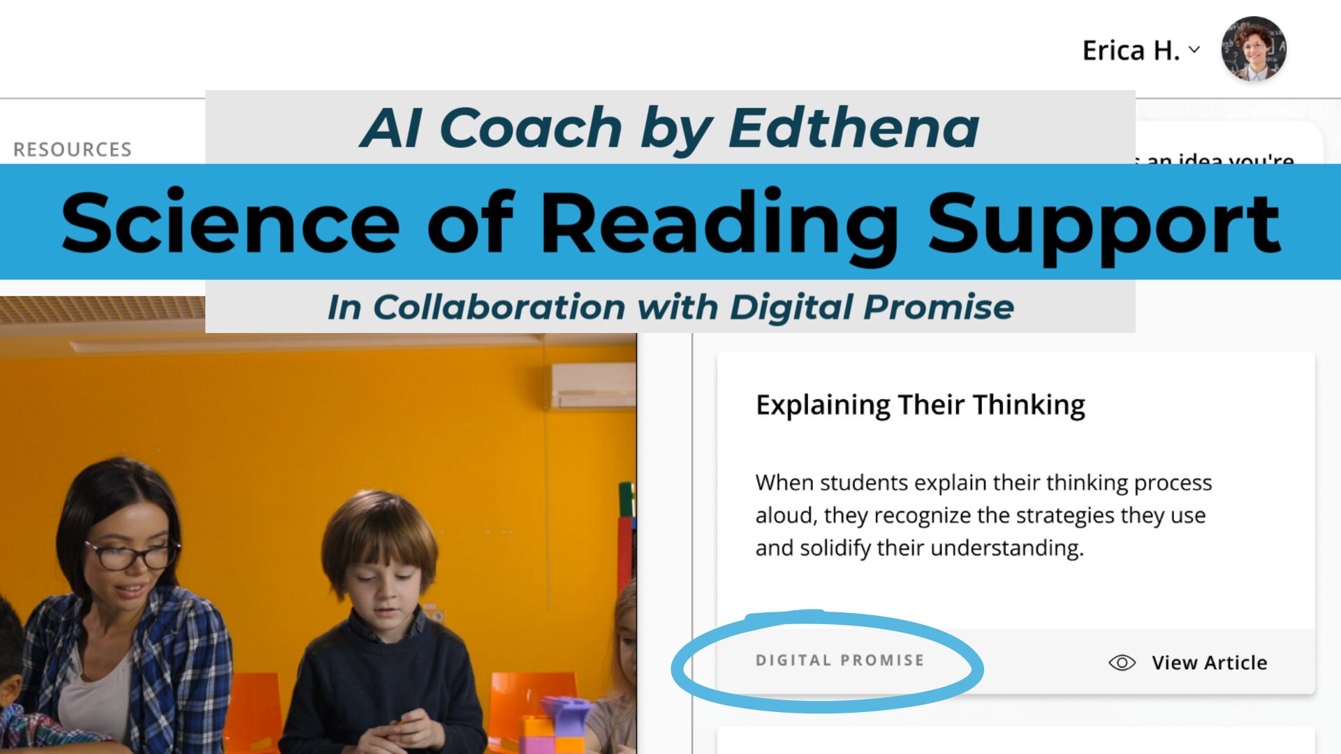 screenshot of AI Coach by Edthena platform with banner "Science of Reading Support" and a circle around the source name of a resource which says "Digital Promise"