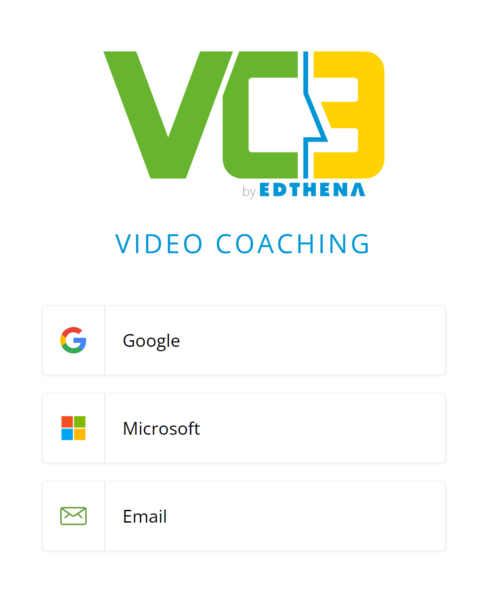 Login page for VC3 video coaching by Edthena showing Microsoft, Google, and Email options